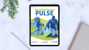 An iPad displaying the NextGenU.org PULSE cover, featuring diverse people and headlines about global transformation and courses.