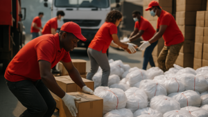People in red shirts are organizing and lifting boxes beside a truck, engaging in a team effort or delivery task.