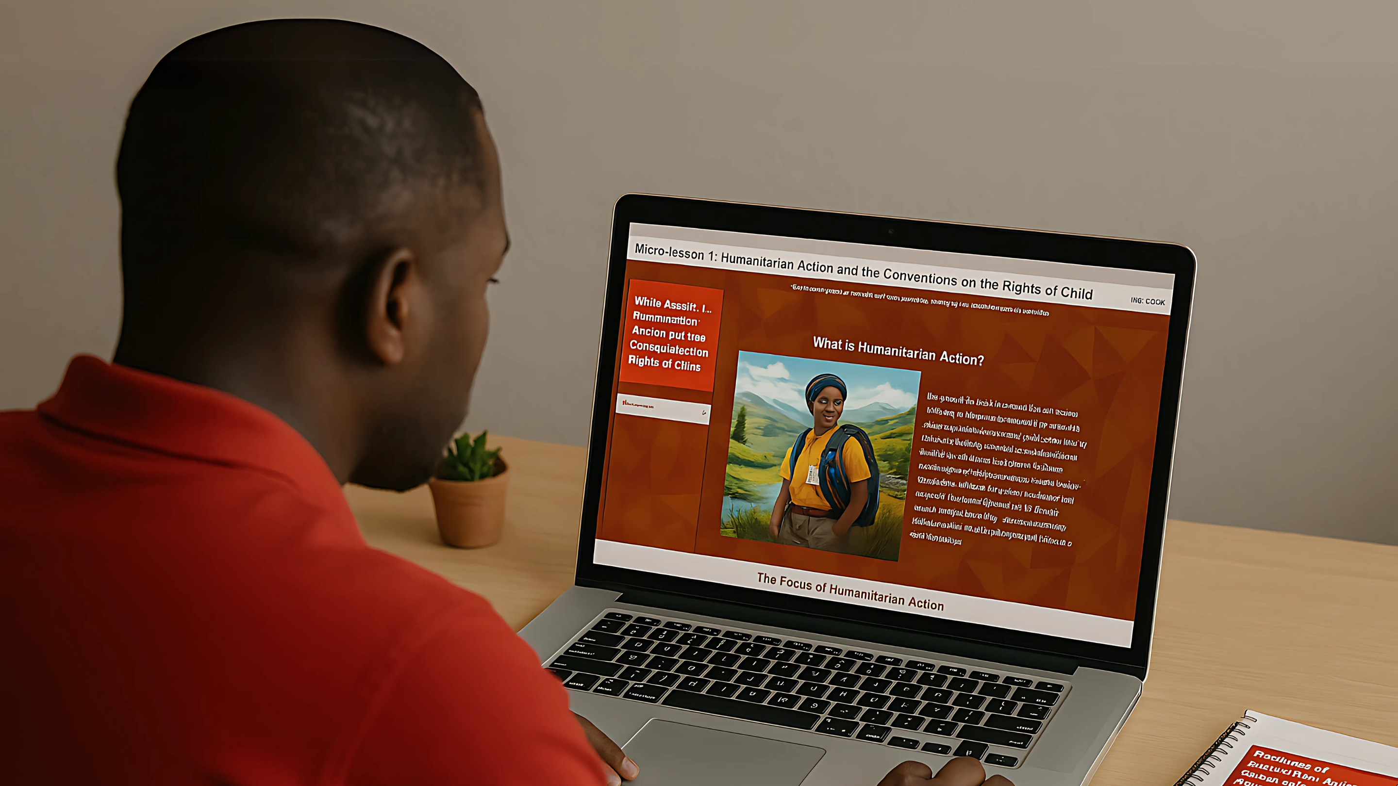 A person studies humanitarian action and children's rights on a laptop.