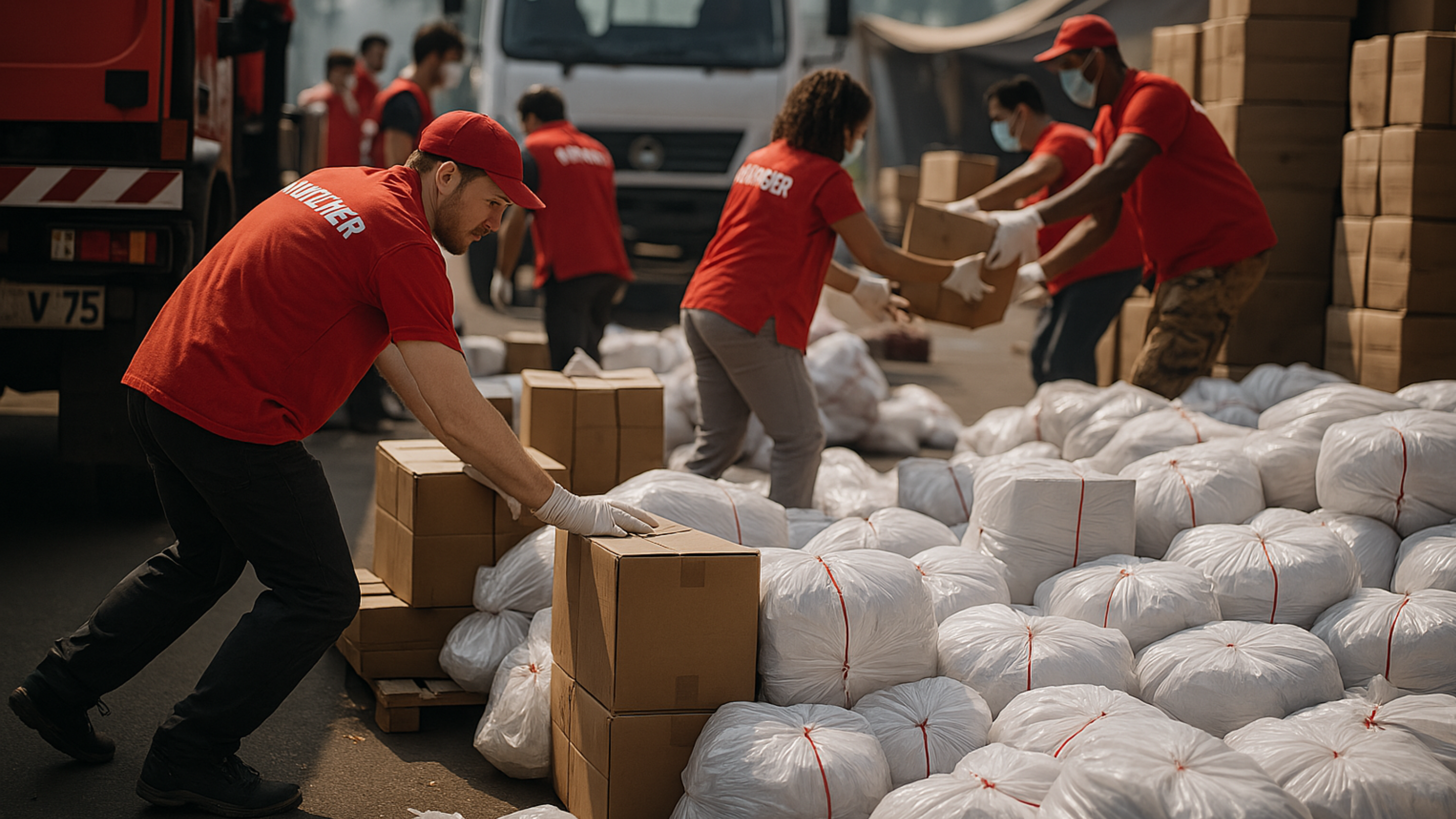People in red shirts are organizing and lifting boxes beside a truck, engaging in a team effort or delivery task.