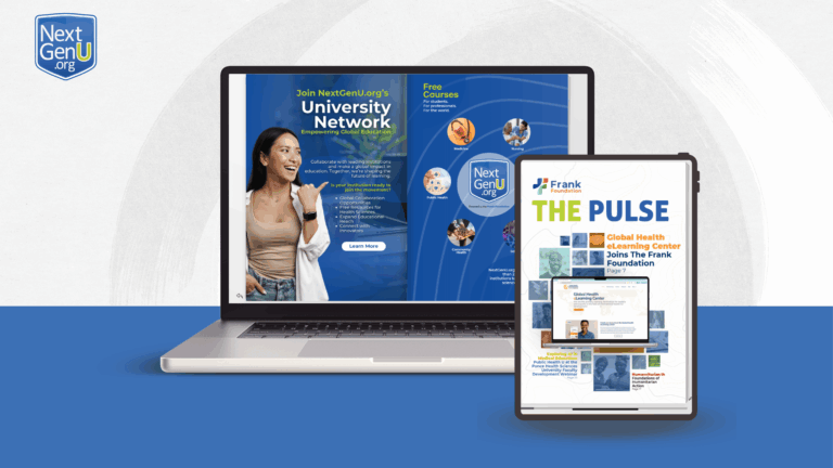A laptop and tablet showcase NextGenU.org's University Network and The Pulse newsletter, promoting global education and free courses.